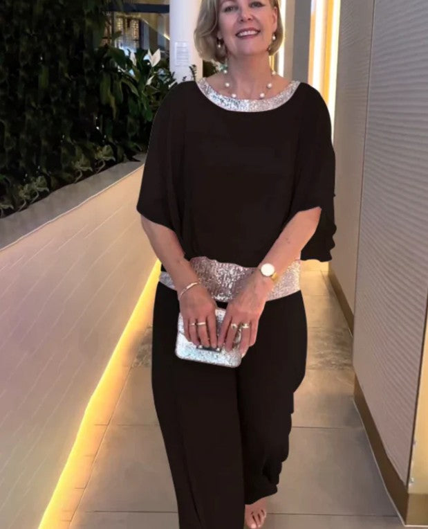 Elegant Two Piece Set with Sequins and Color Block Design