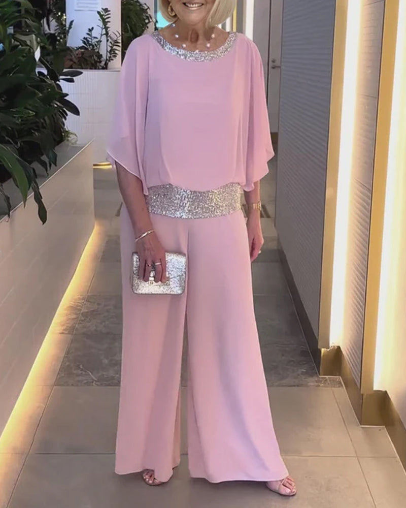 Elegant Two Piece Set with Sequins and Color Block Design